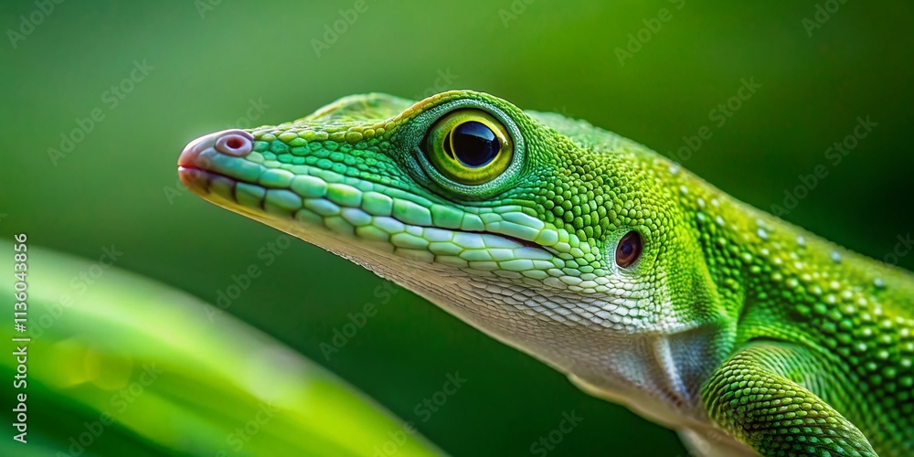 Fototapeta premium Anolis Equestris Potior: Minimalist Green Anole Lizard Photography - Close-up, Isolated, Nature, Reptile, Cuba