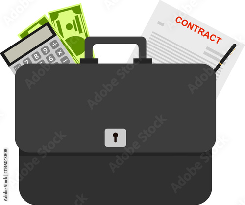 Business briefcase, business briefcase icon with calculator, paper money and signed contract. Vector, cartoon illustration. Vector.