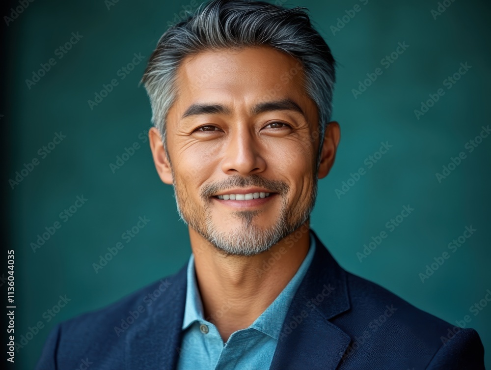 Asian man with a smile on his face is wearing a suit and a shirt in studio color background Asian man with a smile on his face is wearing a suit and a shirt in studio color background