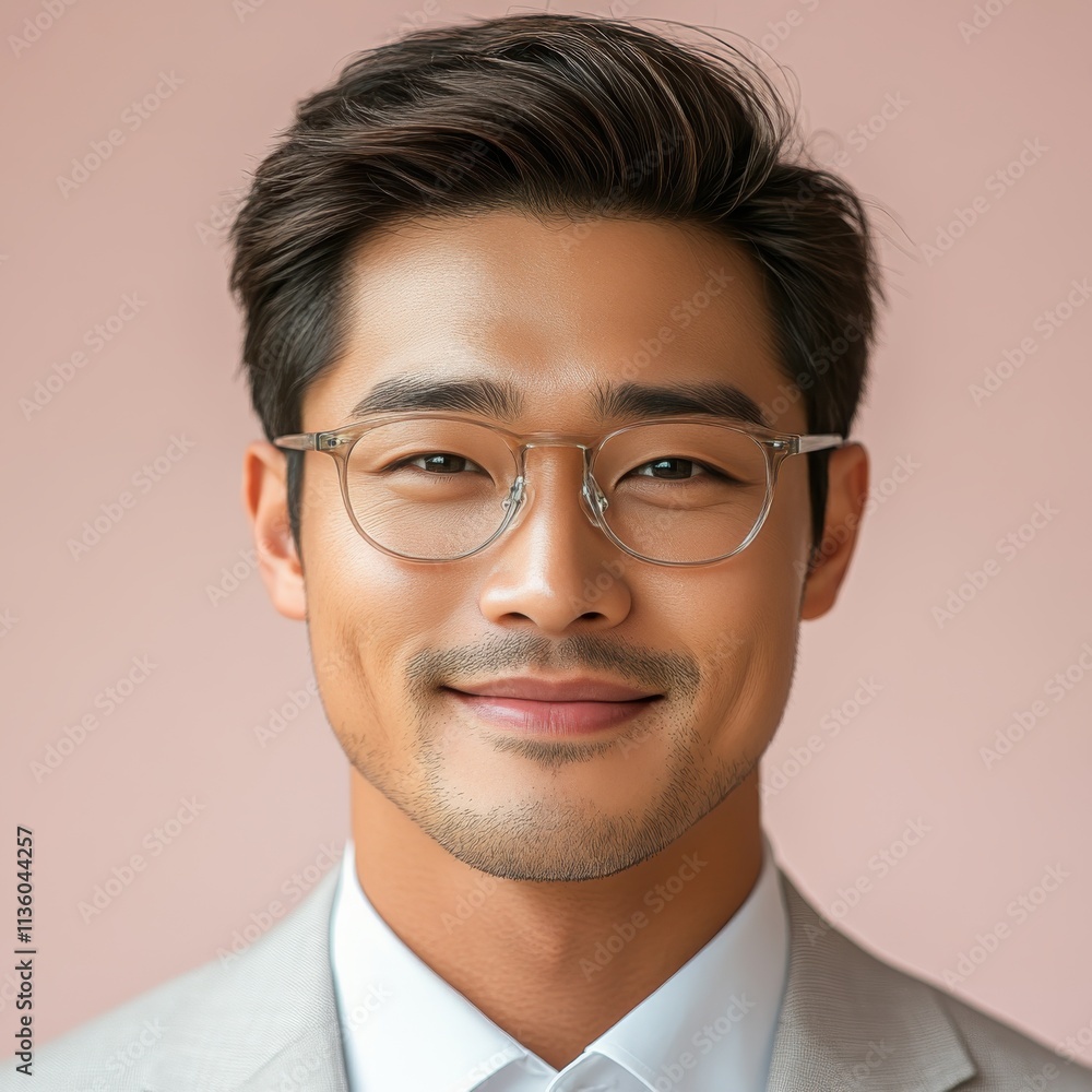 Asian man with a smile on his face is wearing a suit and a shirt in studio color background Asian man with a smile on his face is wearing a suit and a shirt in studio color background