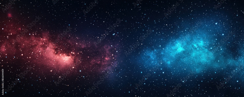 Naklejka premium A stunning celestial scene showcasing vibrant red and blue nebulas amidst a starry background, evoking a sense of cosmic wonder and beauty.