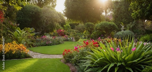 A tranquil garden, filled with colorful flowers and exotic plants, bathed in soft morning light