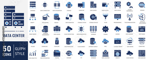 Data Center Flat Icons set. Containing to server, hosting, technical support, and more. Vector Illustration