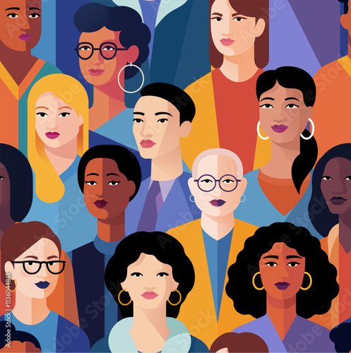 Bold colorful illustration of diverse group or crowd of women from different backgrounds and cultures. Celebrates inclusion, equality, and unity. Seamlessly tiling background pattern.