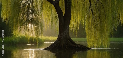 A tranquil pond reflecting the silhouette of a willow tree, as a soft rain falls from the sky