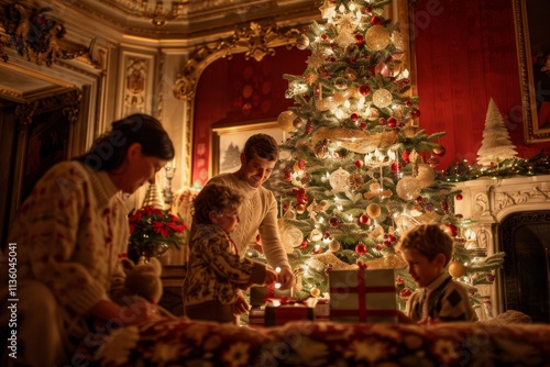 A family of four gathers around a large, festively decorated Christmas tree in a grand, ornate mansion, A family gathered around a beautifully decorated Christmas tree exchanging gifts