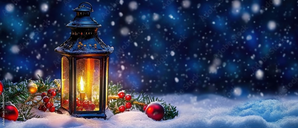Glowing Lantern in Snowy Winter Night Scene with Christmas Decorations Glowing Lantern in Snowy Winter Night Scene with Christmas Decorations