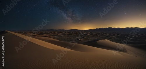  A vast desert landscape, with sand dunes stretching to the horizon, under a starry night sky