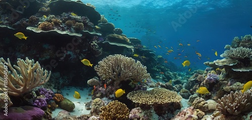A vibrant coral reef teeming with colorful fish and marine life, illuminated by sunlight