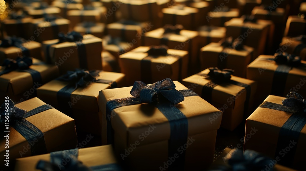 A large number of gift boxes with brown and blue wrapping paper, tied in bows, are arranged neatly on the table. A large number of gift boxes with brown and blue wrapping paper, tied in bows, are arranged neatly on the table.