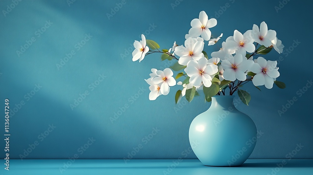 A vase of white flowers sits on a blue table A vase of white flowers sits on a blue table