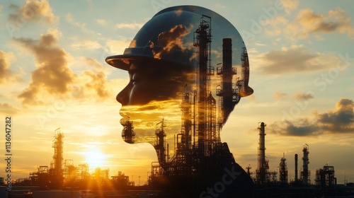 Industrial worker silhouette against sunset oil refinery digital art urban environment side view unity of human and industry