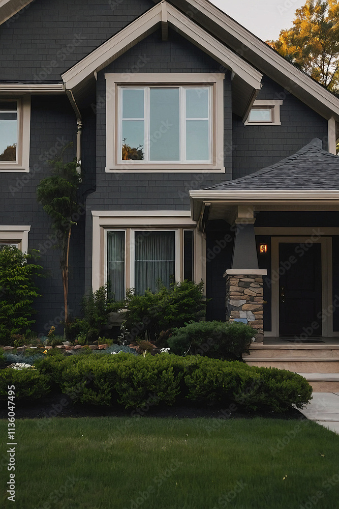 Modern two-story home with dark gray siding, landscaped front yard, and large windows reflecting the evening light. Modern two-story home with dark gray siding, landscaped front yard, and large windows reflecting the evening light.