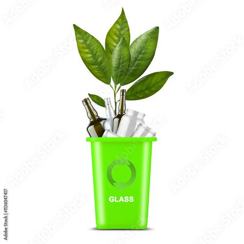 Green trash can. With a recycling icon for glass, and green sprout. Isolated on a white background. Garbage sorting. Ecology. Garbage