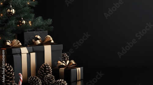 Elegant Christmas Decorations with Black and Gold Gift Boxes photo