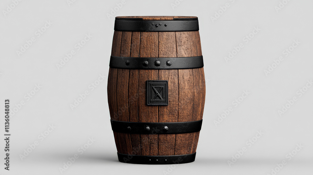 Aged Oak Barrel: A rustic, dark brown wooden barrel with black metal bands, standing upright against a neutral background. Ideal for whiskey, wine, or other aged beverages. Aged Oak Barrel: A rustic, dark brown wooden barrel with black metal bands, standing upright against a neutral background. Ideal for whiskey, wine, or other aged beverages.