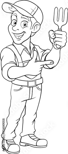 A cartoon gardener or farmer handyman mascot man holding a garden fork tool and pointing