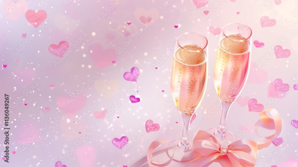Romantic champagne glasses adorned with hearts and a charming bow on a soft pink background Romantic champagne glasses adorned with hearts and a charming bow on a soft pink background