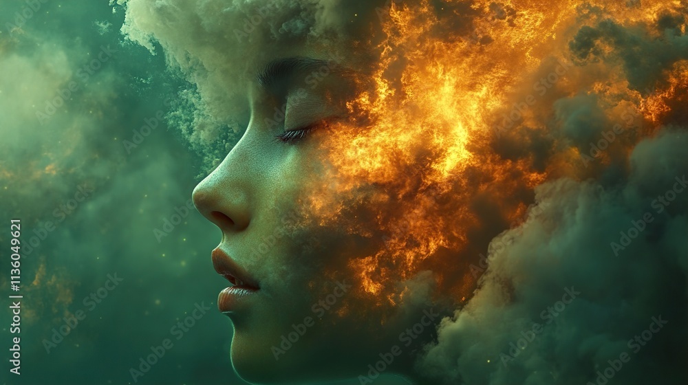 Fiery Soul: A Surreal Portrait of Inner Fire and Clouds Fiery Soul: A Surreal Portrait of Inner Fire and Clouds