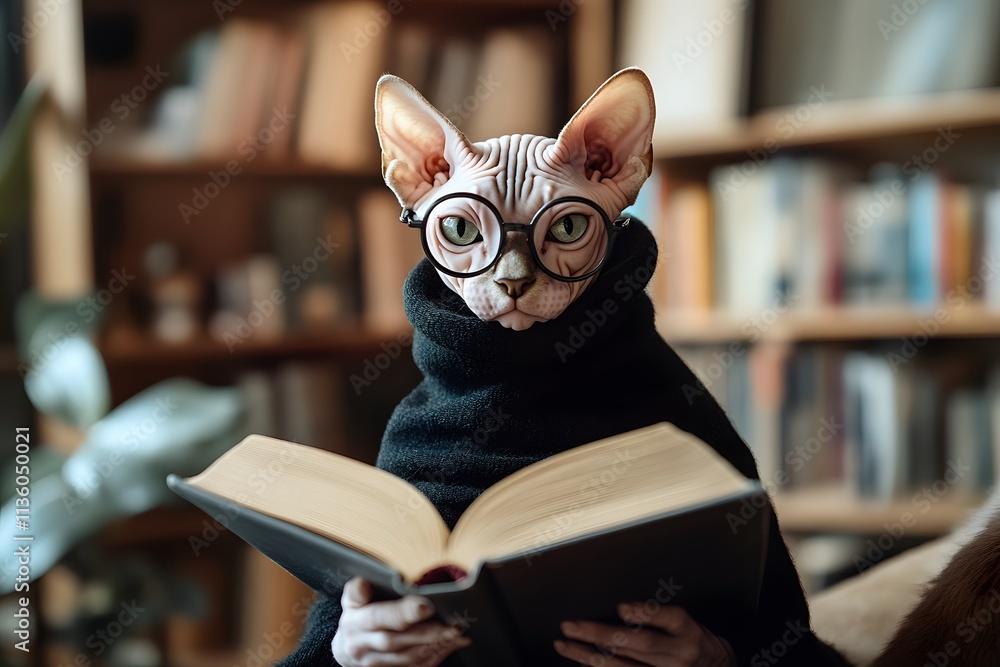 sphynx cat wearing glasses and black turtleneck, holding an open book in a cozy library with bookshelves background sphynx cat wearing glasses and black turtleneck, holding an open book in a cozy library with bookshelves background