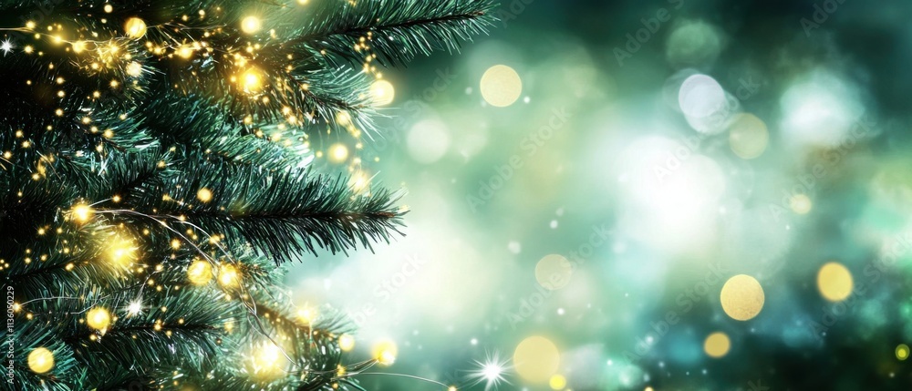 Sparkling Christmas Tree Branch with Festive Lights and Bokeh Background Sparkling Christmas Tree Branch with Festive Lights and Bokeh Background