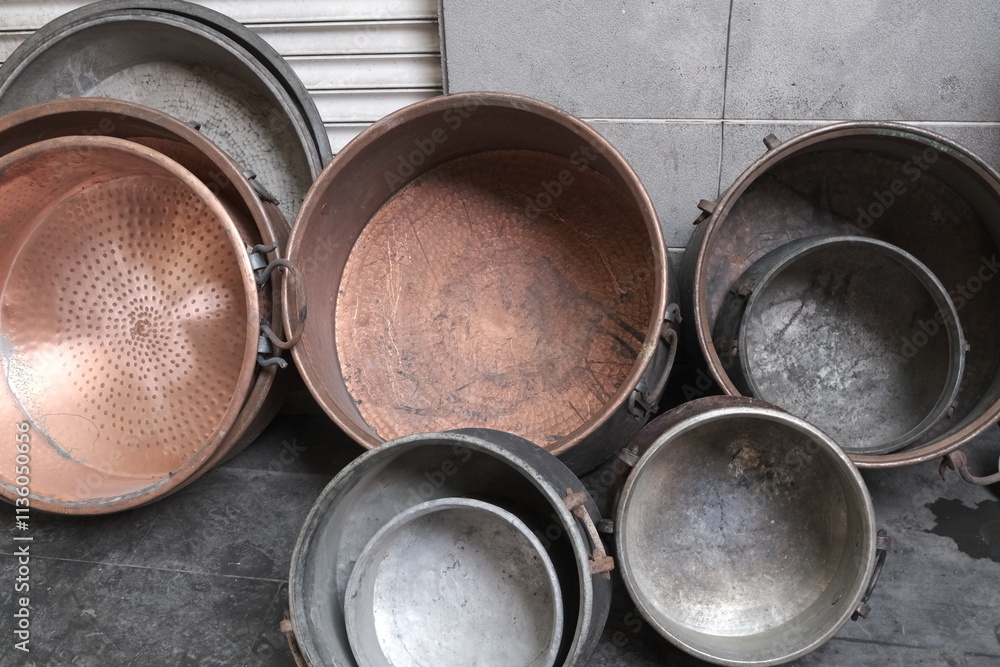 Old copper cauldrons in a bazaar in Diyarbakir Old copper cauldrons in a bazaar in Diyarbakir
