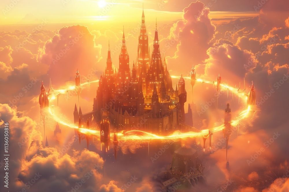 A majestic castle glowing in clouds during a vibrant sunset, evoking a sense of wonder. A majestic castle glowing in clouds during a vibrant sunset, evoking a sense of wonder.