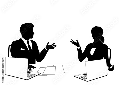 News anchor presenters or business people seated at a desk with laptops in silhouette