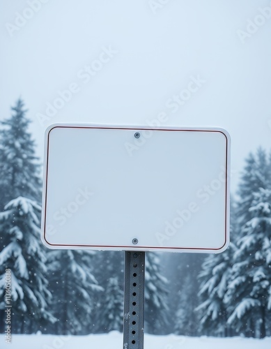 there is a white sign with a red border in the snow. photo