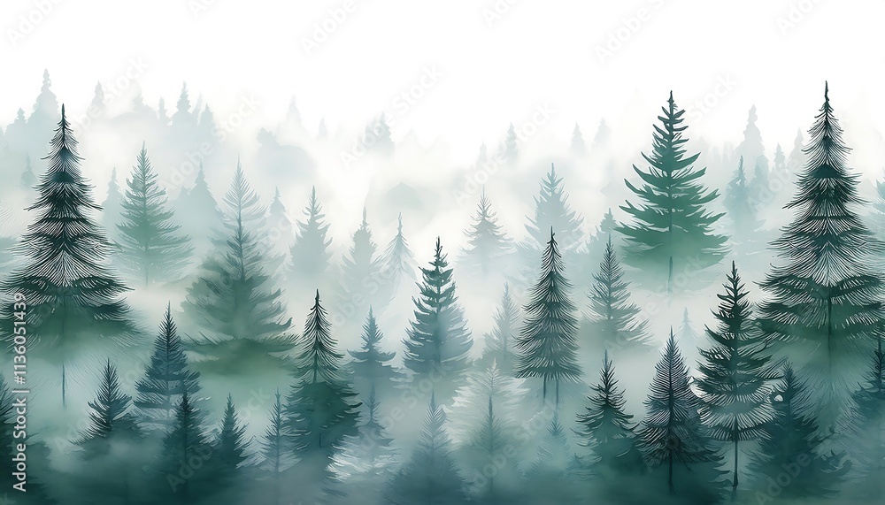 Foggy spruce forest seamless pattern with layered silhouettes of fir trees. Generative AI Foggy spruce forest seamless pattern with layered silhouettes of fir trees. Generative AI