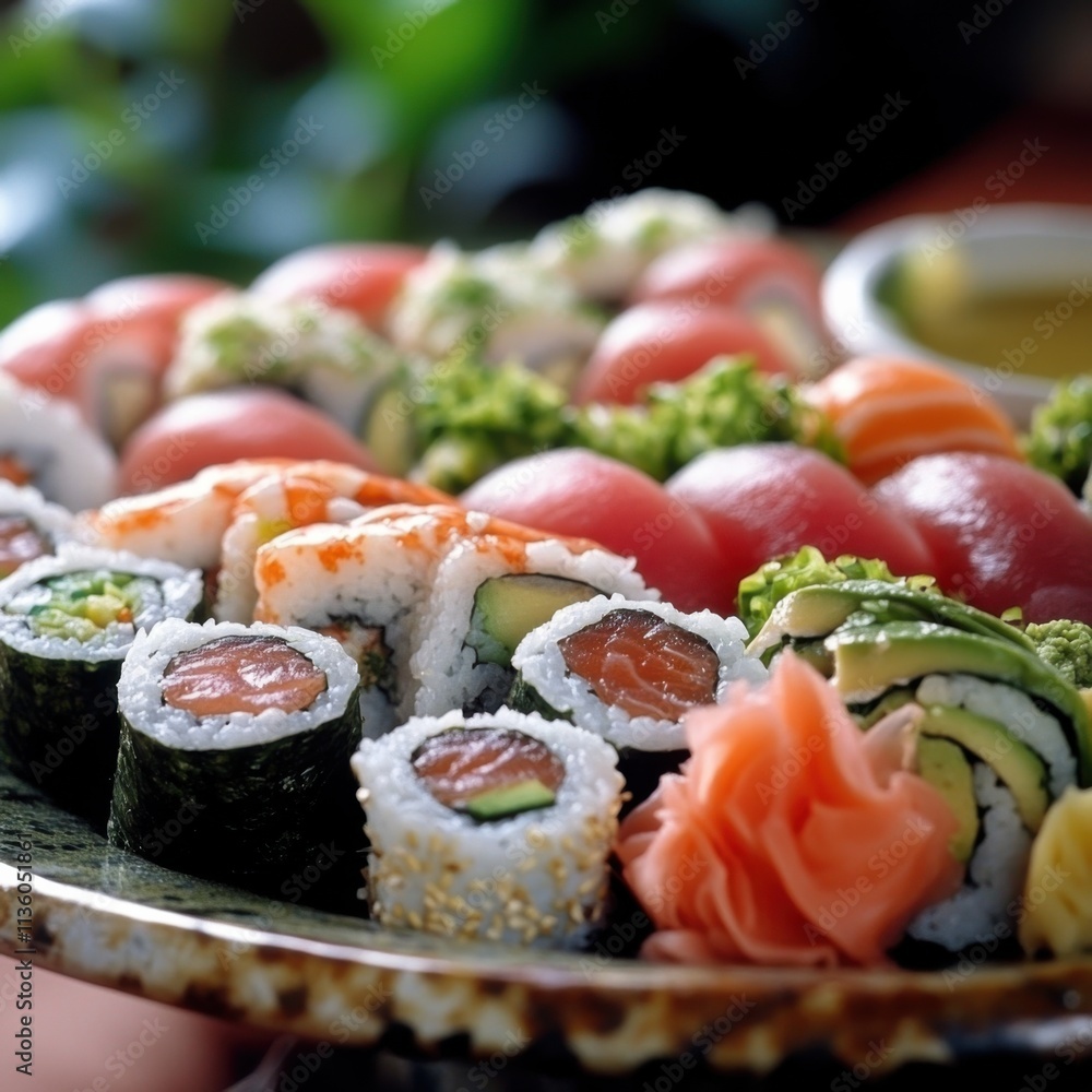 A platter of assorted sushi rolls featuring tuna, salmon, and shrimp tempura A platter of assorted sushi rolls featuring tuna, salmon, and shrimp tempura