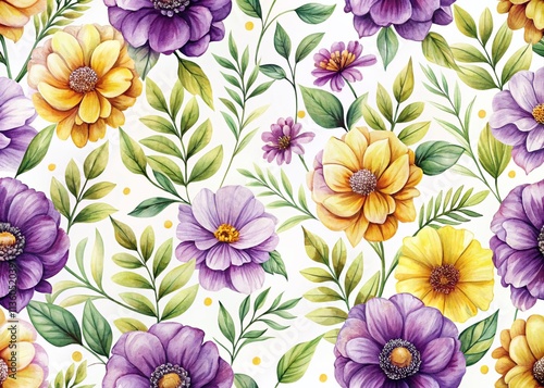 Wallpaper Mural Beautiful Watercolor Floral Pattern Featuring Purple and Yellow Flowers with Leaves on a Fresh White Background for Elegant Decor and Design Projects Torontodigital.ca