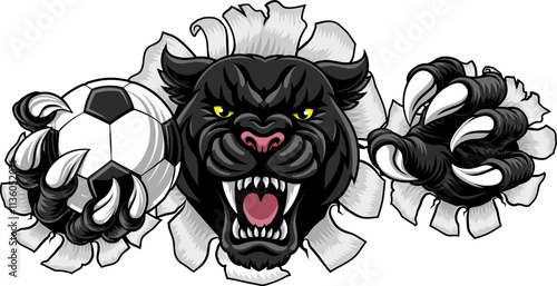Black panther leopard or jaguar cat soccer football sports team mascot holding a ball