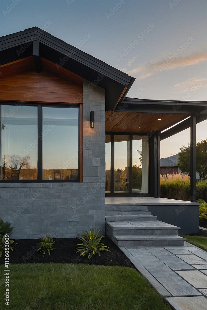Modern home exterior featuring large windows, stone facade, and landscaped entryway at sunset. Modern home exterior featuring large windows, stone facade, and landscaped entryway at sunset.