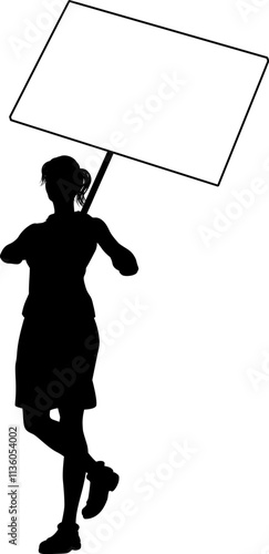 Protestor or demonstrator at a demonstration march, picket line or strike protest rally in silhouette. Holding up a banner or picket sign board placard.