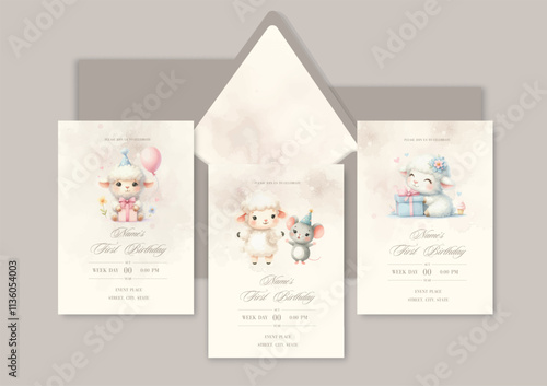 Watercolor Invitation Birthday Template card with animal friends celebrate birthday with cake and gifts.