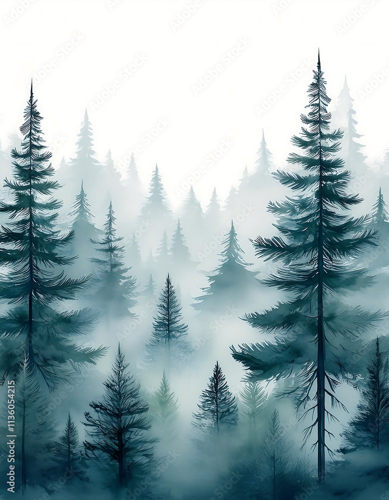 Foggy evergreen forest with overlapping fir tree silhouettes in soft hues and tranquil atmosphere. Generative AI Foggy evergreen forest with overlapping fir tree silhouettes in soft hues and tranquil atmosphere. Generative AI