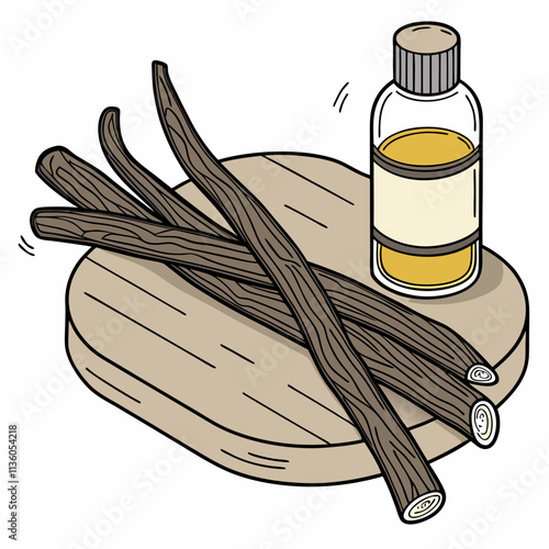 Aromatic Vanilla Beans Essential Oil on Wooden Board