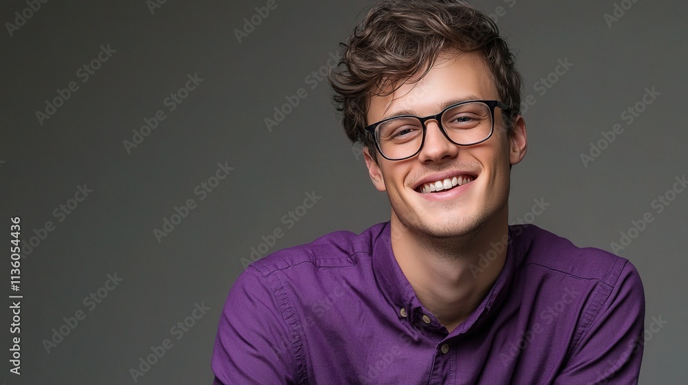 Obraz premium Young Handsome Man Smiling in Purple Shirt Against Neutral Background