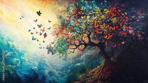 fantastic colorful butterfly tree background photo