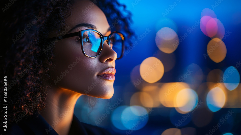 Confident woman with glasses gazing thoughtfully at city lights Confident woman with glasses gazing thoughtfully at city lights