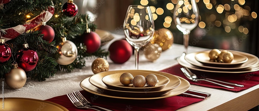 Elegant Christmas Dinner Table Setting with Gold and Red Decorations Elegant Christmas Dinner Table Setting with Gold and Red Decorations