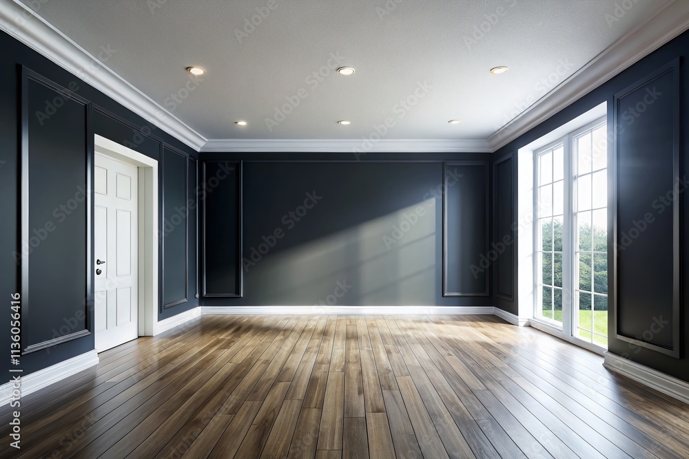 Obraz premium Black Wall White Floor Empty Room 3D Render - Realistic Interior Design Photography