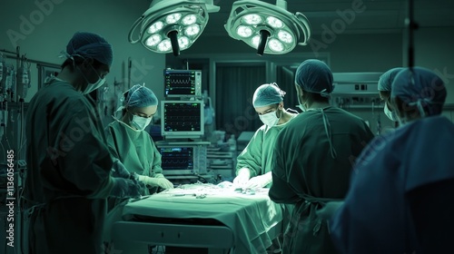 Ambulatory surgical center: simple operating theater, minor procedure in progress, calm and efficient atmosphere