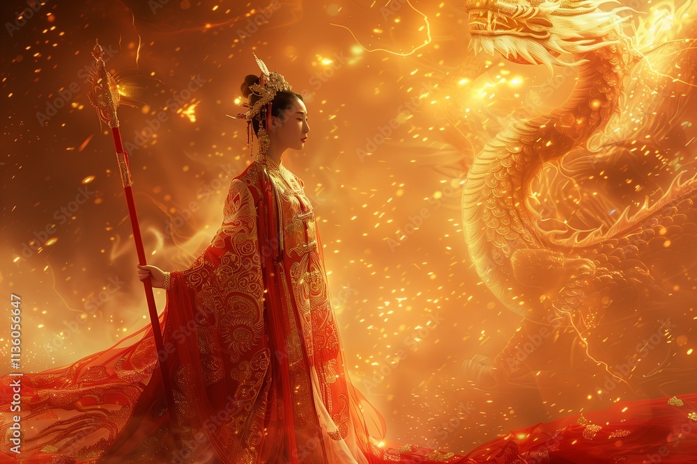 Fototapeta premium A mythical figure stands boldly, summoning a majestic dragon in a fiery landscape.