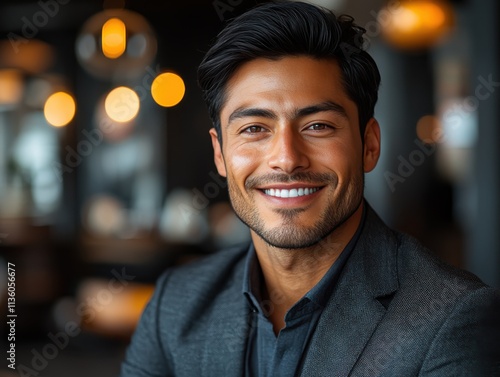 Smiling man in formal attire poses confidently in a stylish cafe during the late afternoon hours