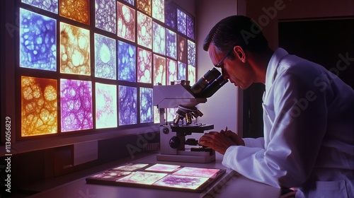 Anatomic pathology lab: tissue samples on slides, pathologist looking through a microscope, stained images displayed on screen