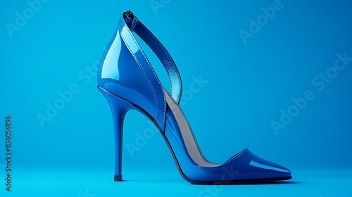 A single, bright blue high-heeled pump with a strap against a matching blue backdrop. photo