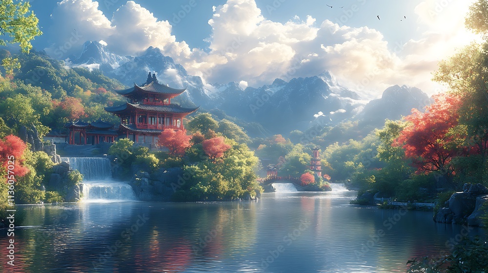 Fototapeta premium Serene Asian Temple Waterfall Mountain Landscape