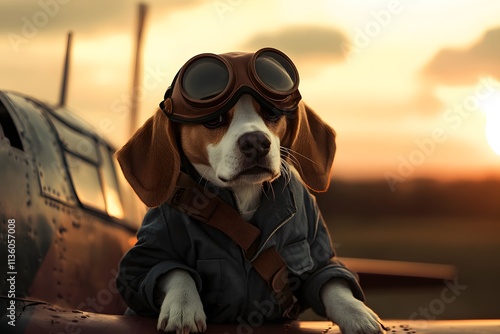 dog dressed as a pilot wearing aviator goggles near vintage airplane on runway at sunset with aviation theme and adventure photo